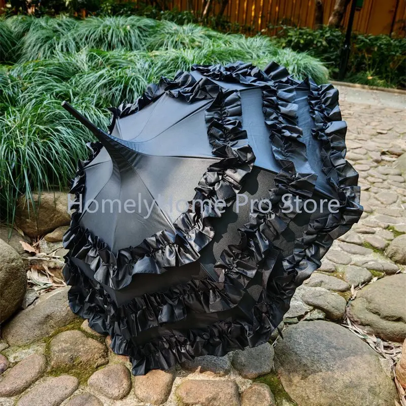Pagoda Shape Lolita Princess Parasol Vintage Palace Black Coated UV Protection Japanese Long Handle Sun Rain Umbrella For Women