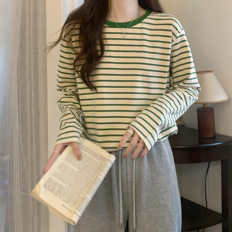 Womens Long Sleeve T Shirts Spring Autumn Casual Loose Crewneck Color Block Stripe Tee Tops