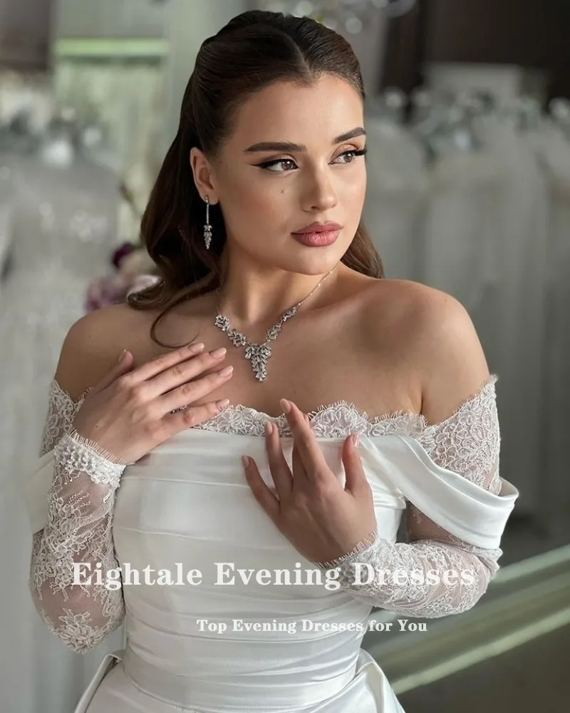 Eightale Boho Wedding Dresses Strapless Long Sleeves Customized Satin Mermaid Lace White Bridal Gown Vestidos De Novia