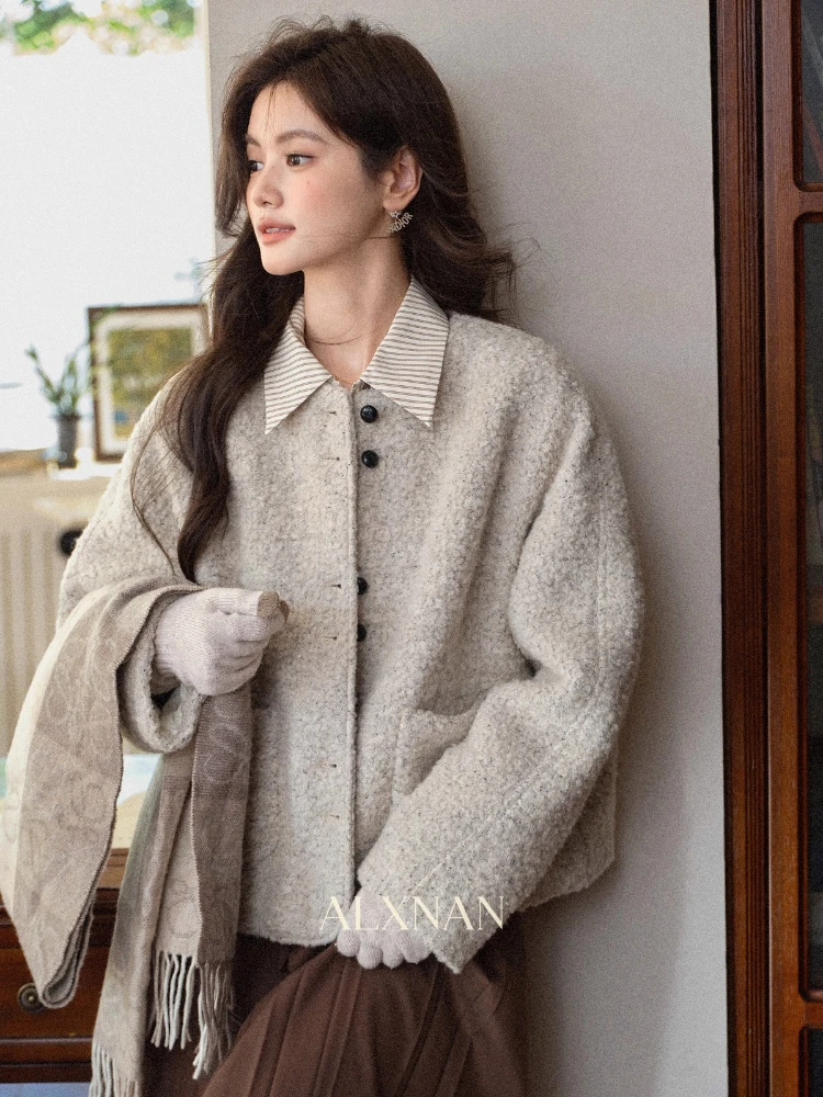 

ALXNAN Woolen Coat Beige Button Front Pocket Autumn Winter Woman's Coat New Versatile Commuting Warm Ladies Short Jacket L57933