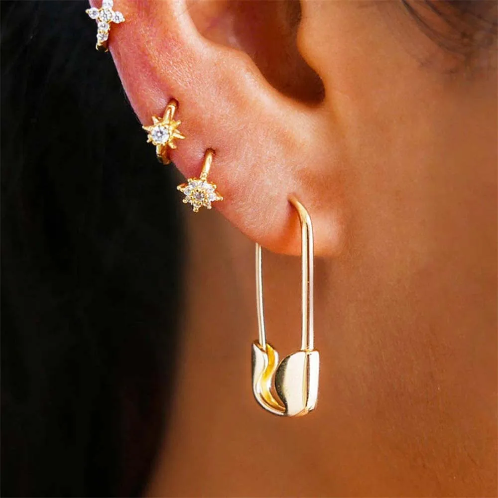 2023 Creative Unisex Punk Rock Style Safety Pin Ear Hook Stud Earrings Stainless Steel Pin Earring Jewelry for Women Men 1pcs