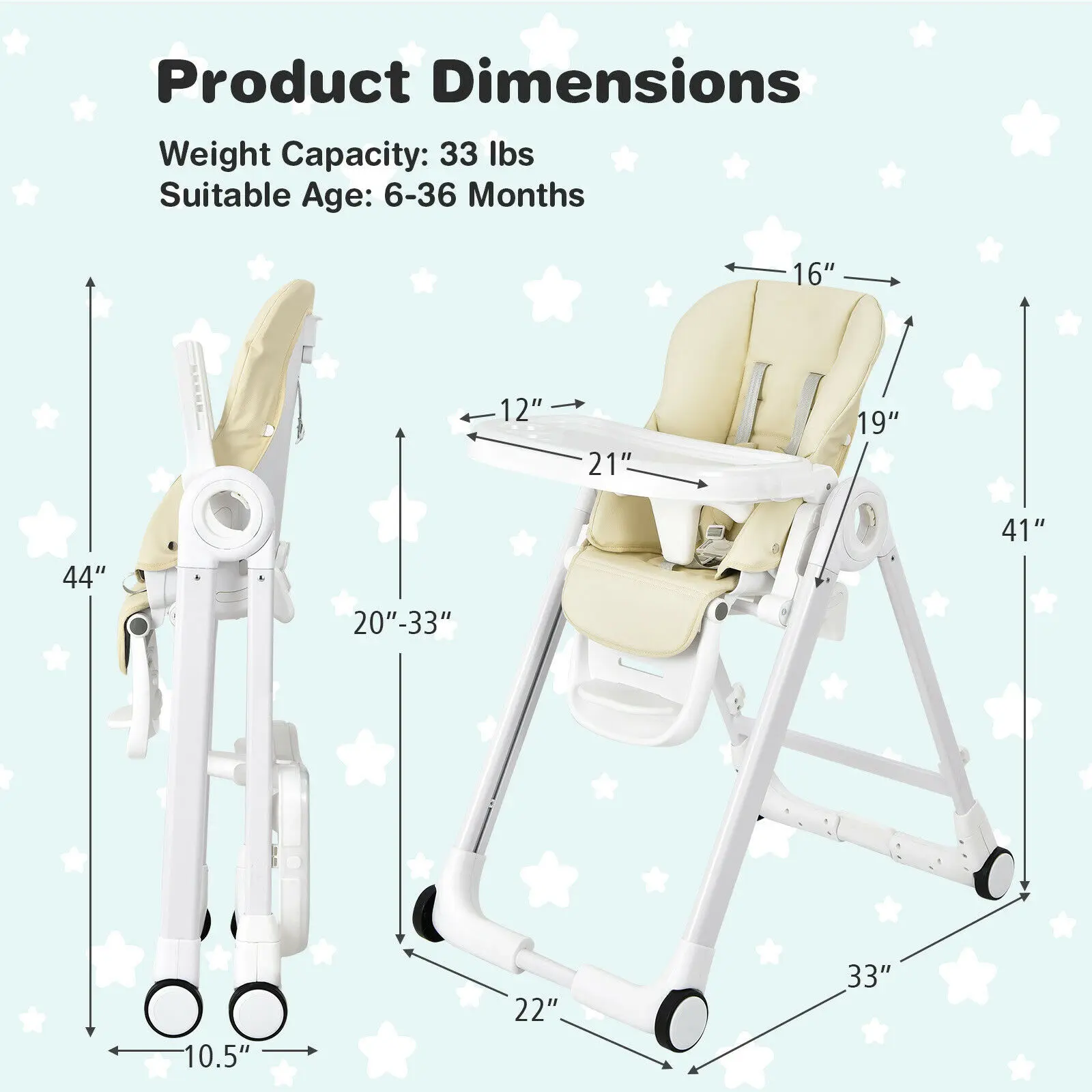 Baby Folding Convertible High Chair w/Wheel Tray Adjustable Height Recline Beige  AD10009BE