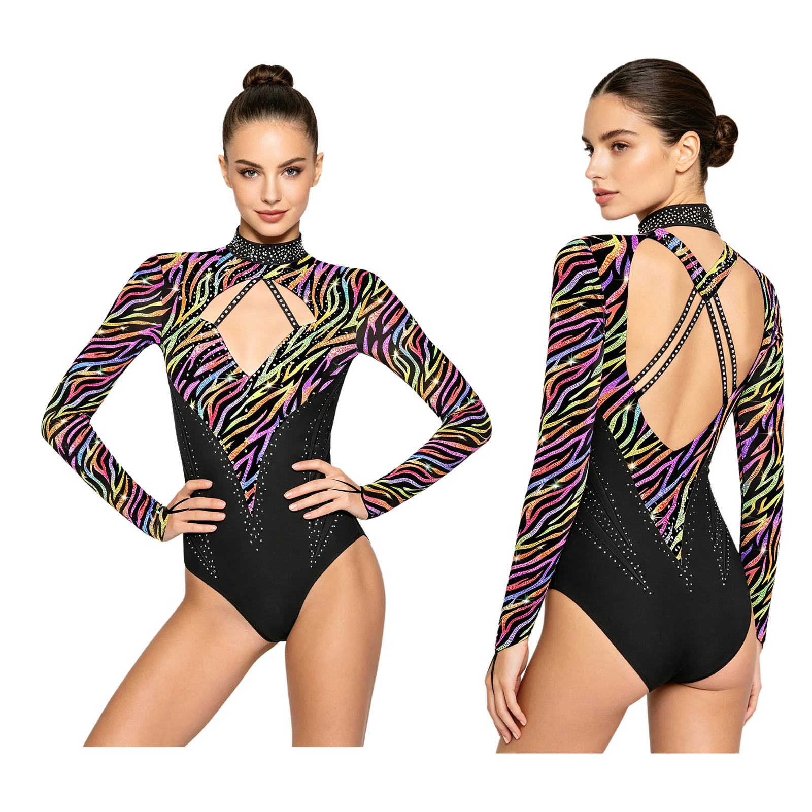 

Women Shiny Rhinestones Figure Skating Bodysuit Long Sleeve Print Cutout Leotard for Gymnastics Ballet Dance Acrobatics Yoga
