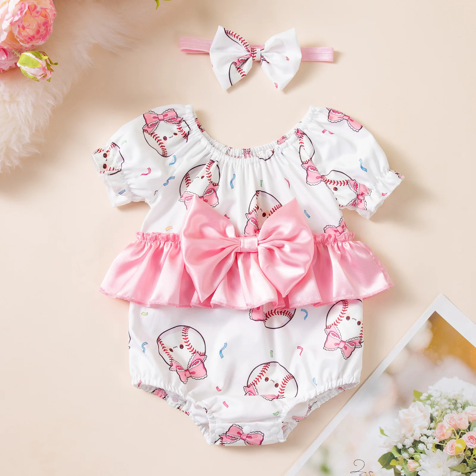 

Розовый бейсбольный комбинезон для девочки с повязкой на голову, боди с короткими рукавами, летняя одежда для девочек, платье-комбинезон для принцессы, наряд для игрового дня