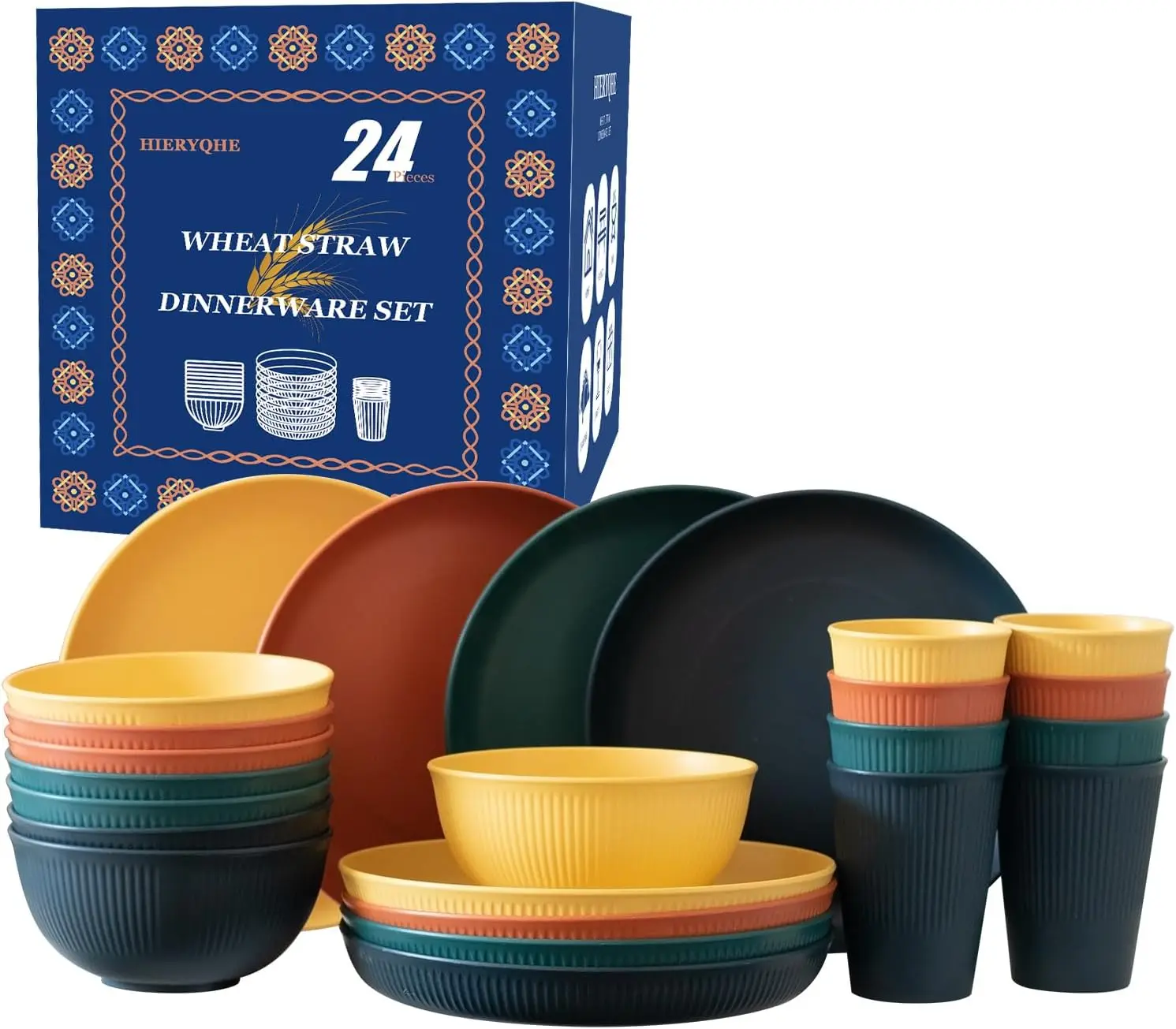 

24pcs Wheat Straw Dinnerware Sets For 8, Unbreakable Plates and Bowls Wheat Straw Dinnerware Microwavable Cups Plates and Bowls