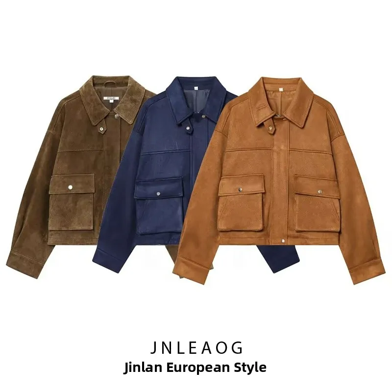 JNLEAOG Women's Leather Pilot Jaet Autumn New Sle Wind Design Sense Outerwear Long Sve Loose Fit Polyester Fiber