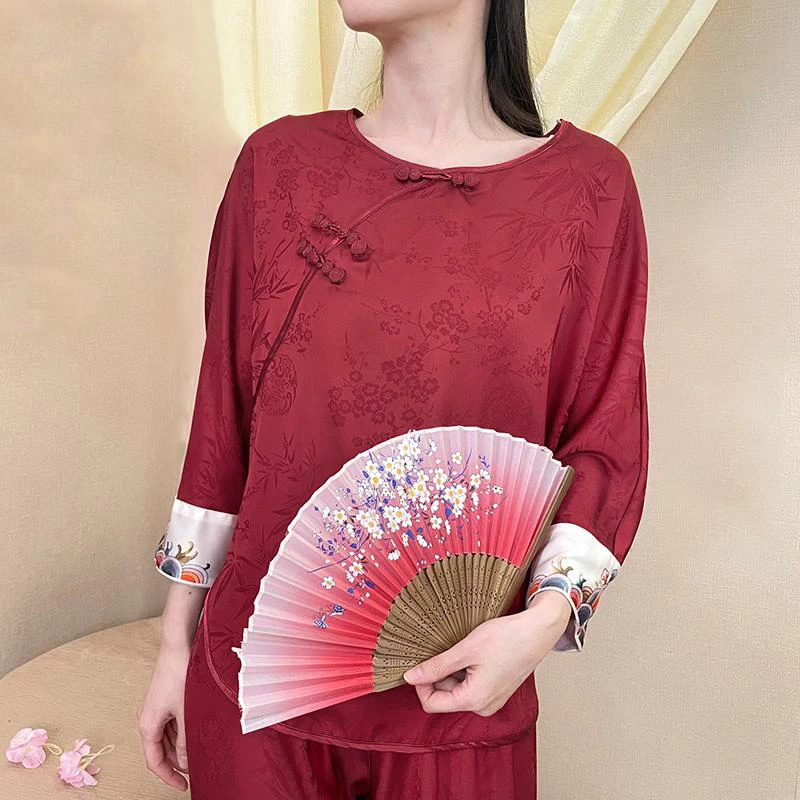 red-long-sve-ice-silk-spwear-women's-spring-autumn-home-clothes-two-piece-set-comfortable-breathable-polyester-fiber