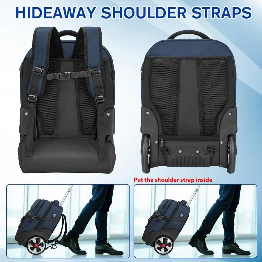 Mochila de rolamento com rodas, mochila de rolo grande de 17 polegadas com trava de combinação, resistente à água anti-roubo para viagem