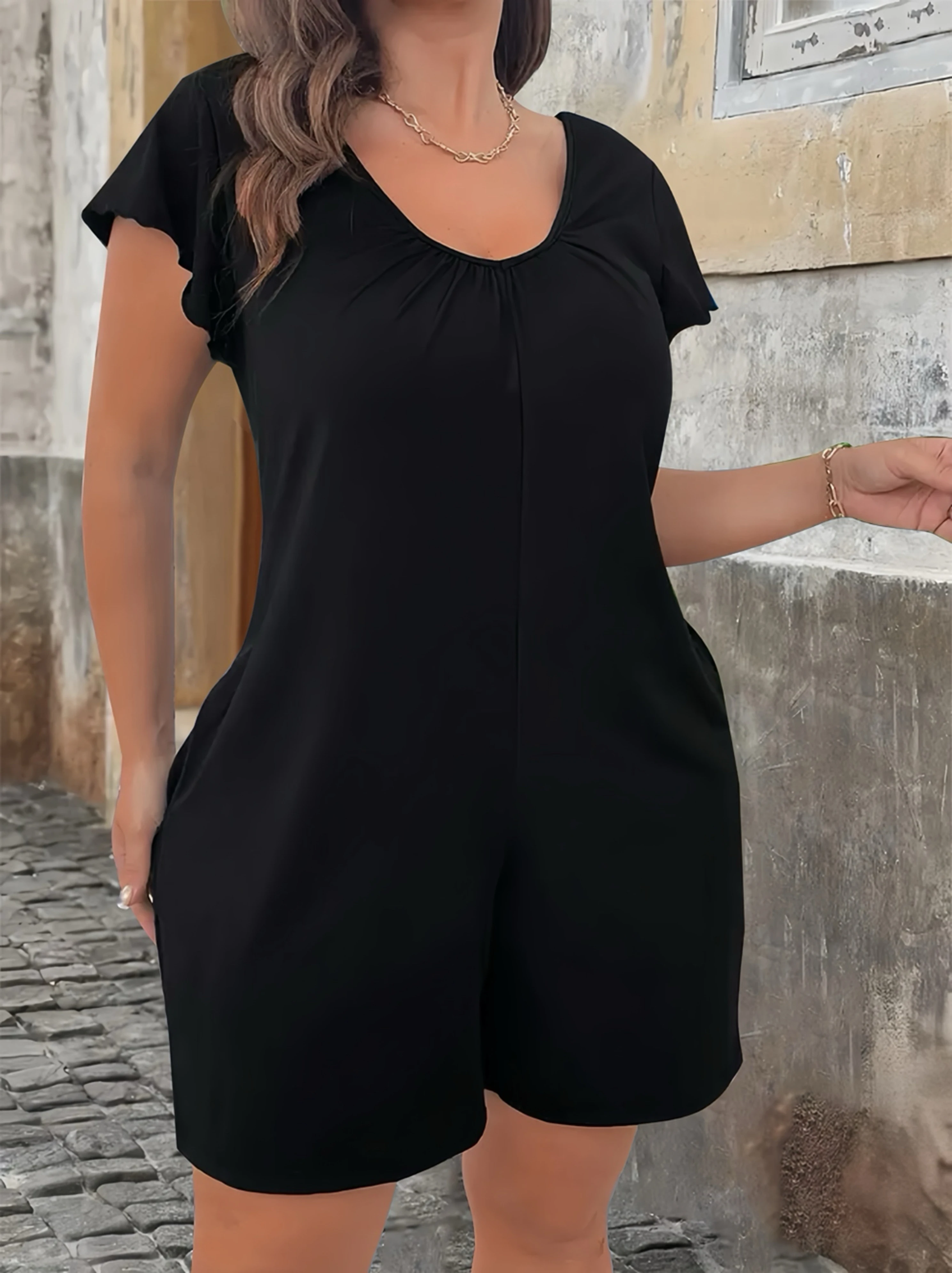 Elegant V-Neck Flounce Sleeve Jumpsuit with Pockets - Plus Size Solid Color Summer Casual Chic Outfit