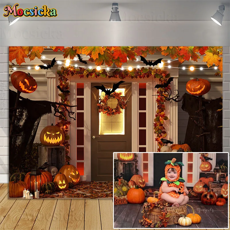 

Halloween Party Photography Background Decorative Banner Pumpkin Lantern Maple Leaf Wooden Door Bat Props Kids Birthday Backdrop