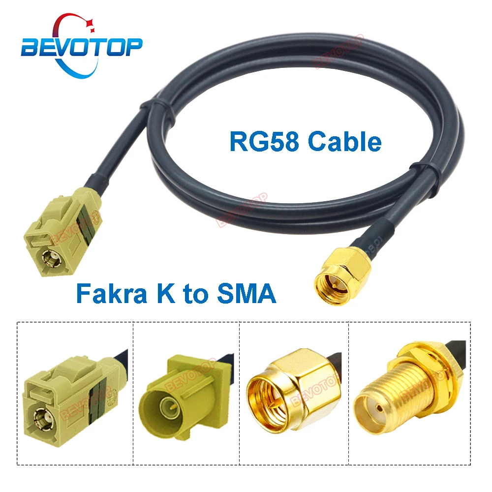 1PCS SMA to Fakra RG58 Cable Curry Yellow Fakra K to SMA Male Female Connector 50 ohm RG-58 Pigtail BEVOTOP Auto Cable