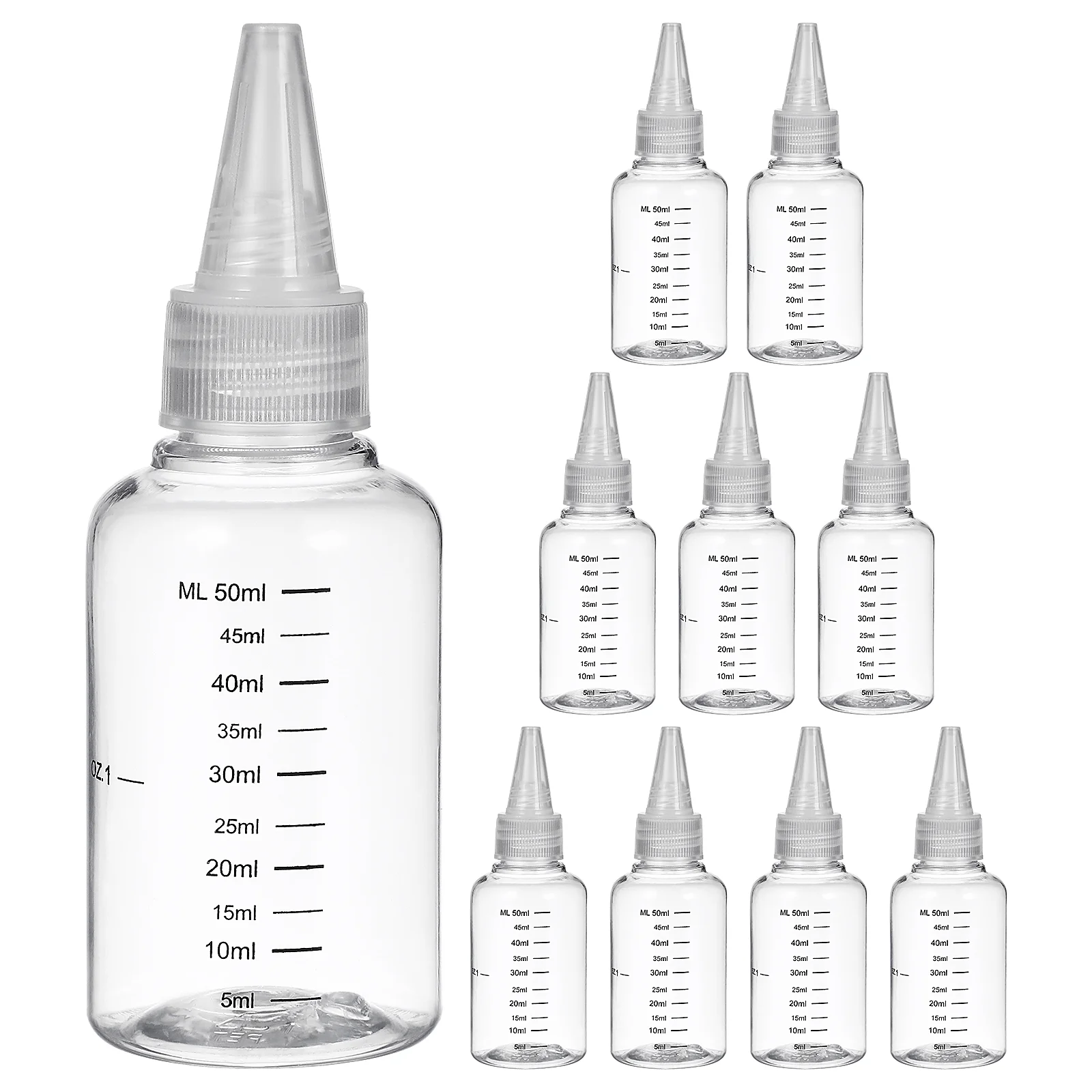 10 Pcs Frcolor Graduated Transparent Squeeze Bottle 50ml with Tip Cap 10pcs Packaged Applicator Lecythus Cosmetics Bottles