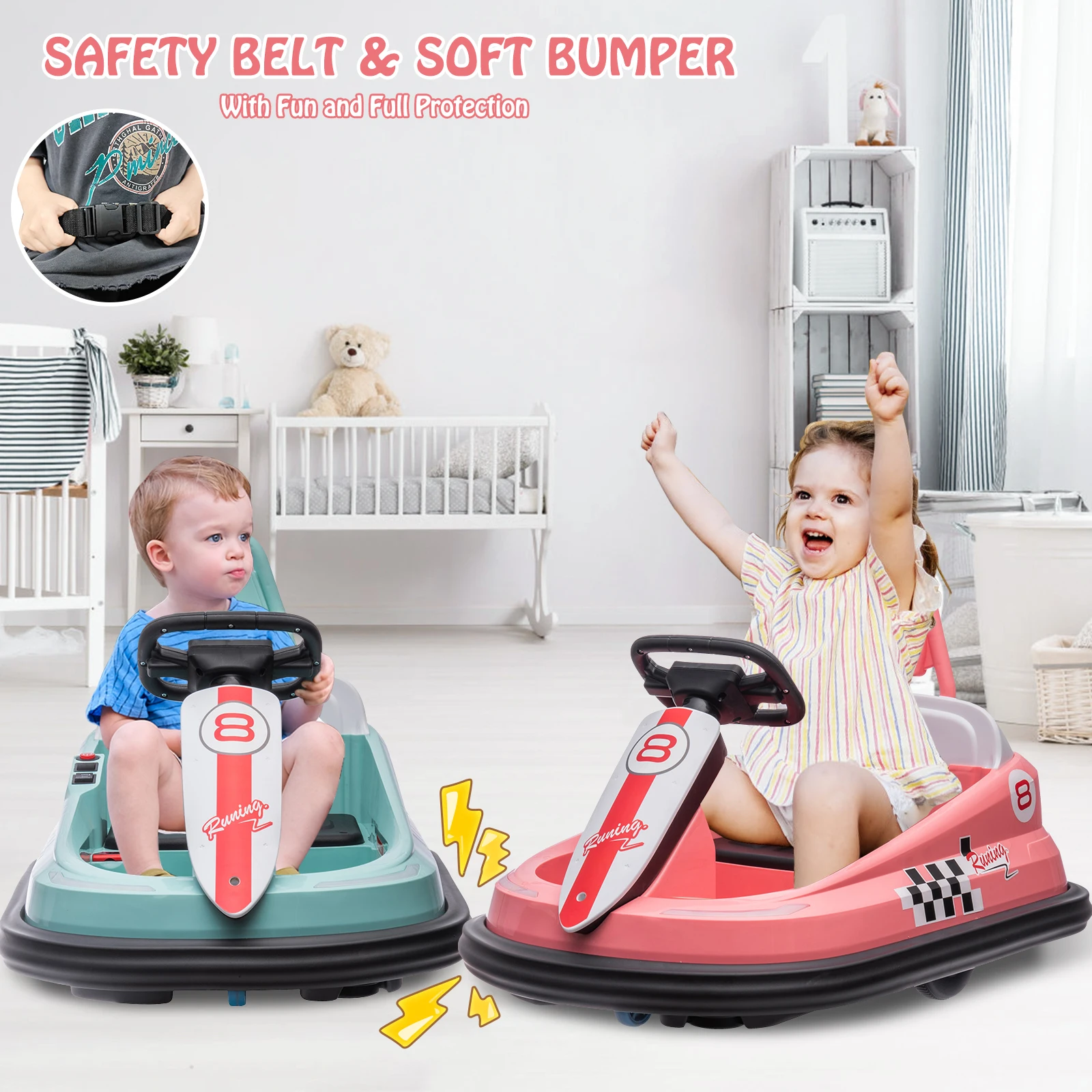 Bumper Car for Toddlers 6V Electric Ride On Toys for Kids 1.9 MPH Max Speed Steering Wheel 360 Degree Spin 2-Speeds Lights Music