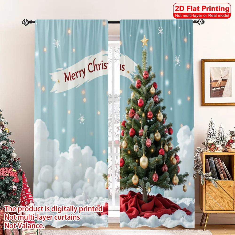 

2pcs 2D flat printing Merry Christmas Popular Party Window Curtains Merry Christmas Tree 100% Polyester Fabric Without