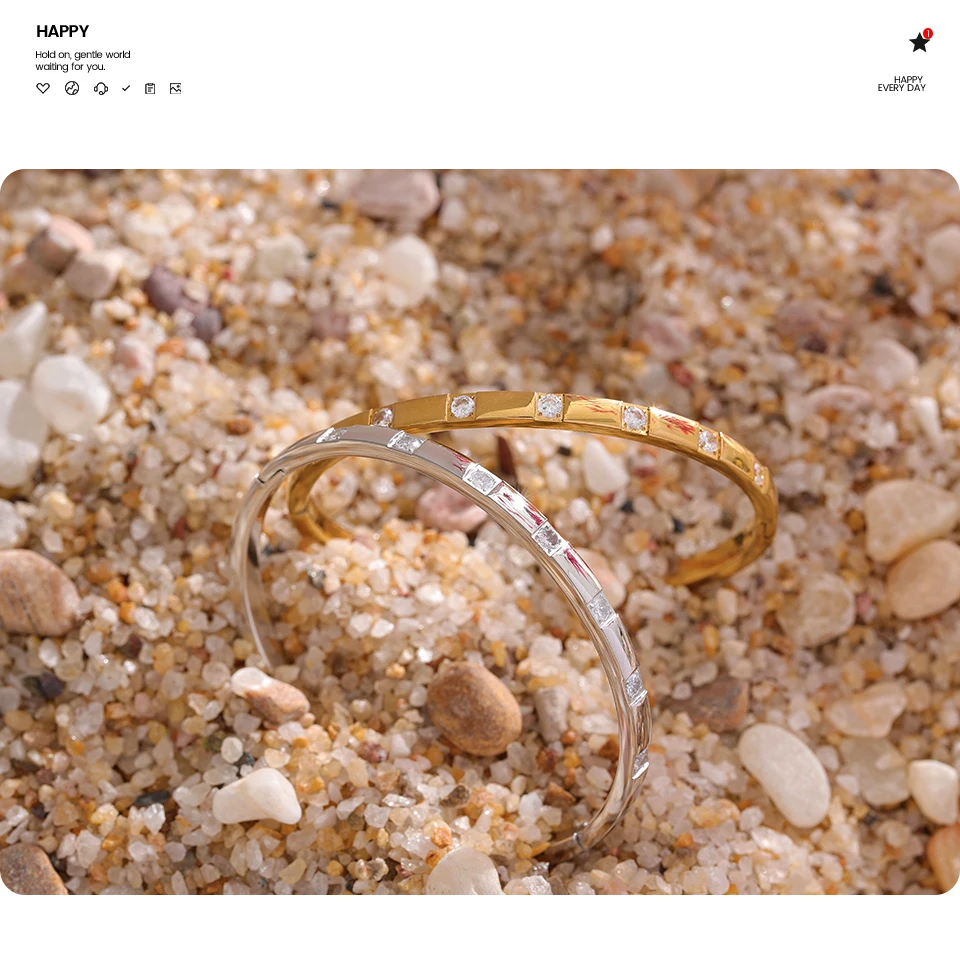 Yhpup Stilvoller Armreif aus Edelstahl mit Zirkonia, 18 Karat vergoldet, wasserdichter Schmuck für Damen, Charm-Mode – Detail 8