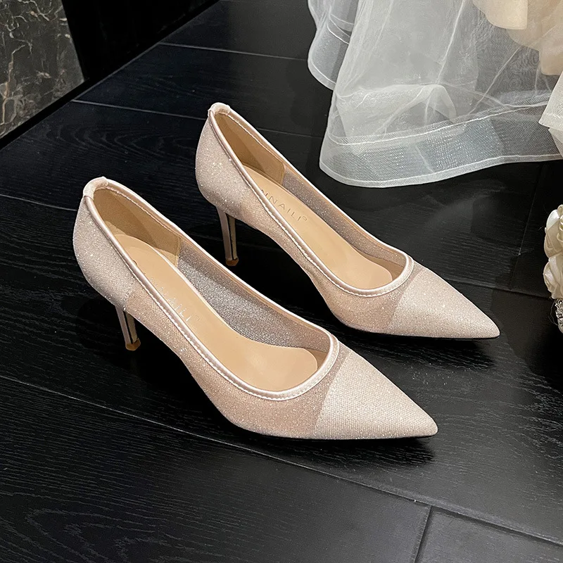 Size 33-42 Mesh Pointed High Heels 2024 New Sexy Lace White Wedding Shoes Women Banquet Dress Champagne Bridesmaid Shoes image 4