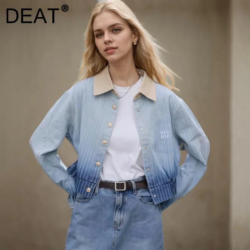 DEAT Fashion Gradient Denim Jacket Women's Contrast Color Lapel Loose Sinle Breasted Short Jackets Spring 2025 New Tide CP3513