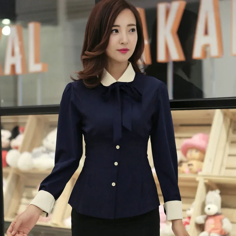 Korean Autumn Navy Blue Blouse Women's Long Sleeve Shirt Slim Fashion Shirts Ladies Bow Blouses Elegant Work Office Tops Blusas