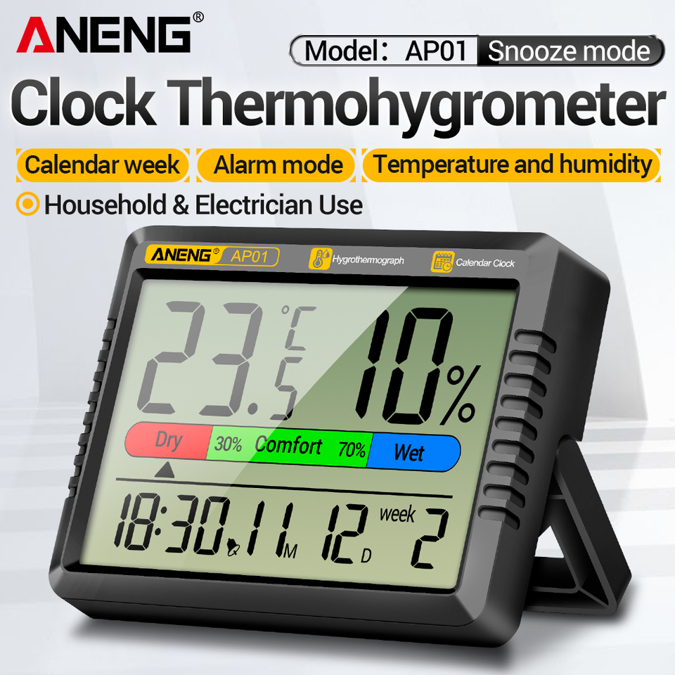  Thermometer Hygrometer Clock Cute Indoor Temperature Humidity Air Alarm Clock Calendar Week Display ANENG AP01 for Home Office 