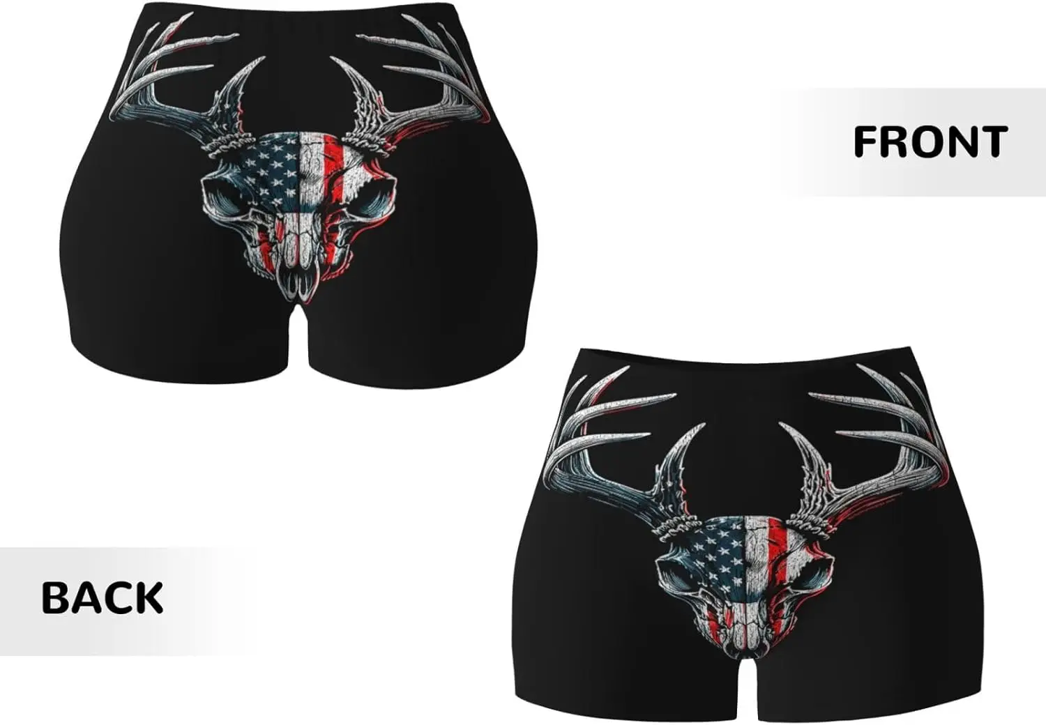 Pantaloncini da allenamento elasticizzati con stampa a vita alta da donna con corna di teschio di cervo bandiera americana