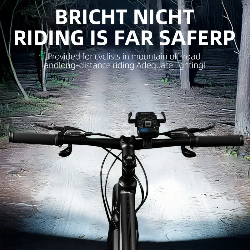 مصباح أمامي للدراجة مع قرن، حامل هاتف من النوع C، ضوء دراجة قابل لإعادة الشحن، أضواء مقود ساطعة، مصباح يدوي لركوب الدراجات مقاوم للماء