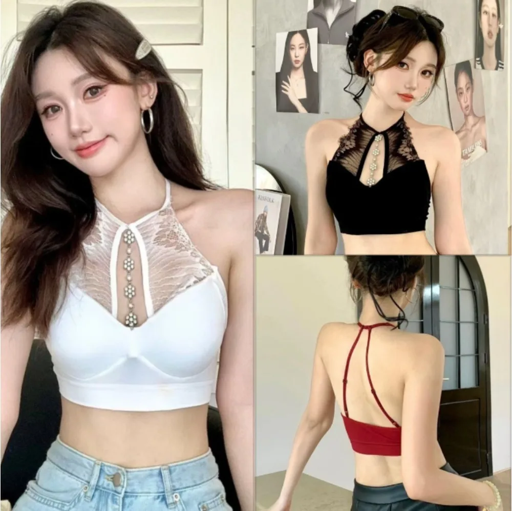 

Sexy Camisoles Women Lace Patchwork Diamond Chain Beautiful Back Off Shoulder Slim Tank Tops with Fixed Chest Pads