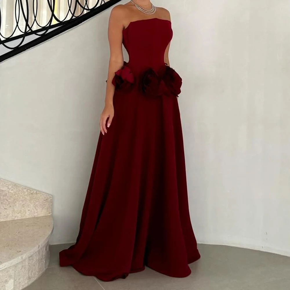 

Customized Exquisite Pleats Flowers Strapless Evening Dress Temperament A-Line Jersey Burgundy Party Gown vestidos para mujer