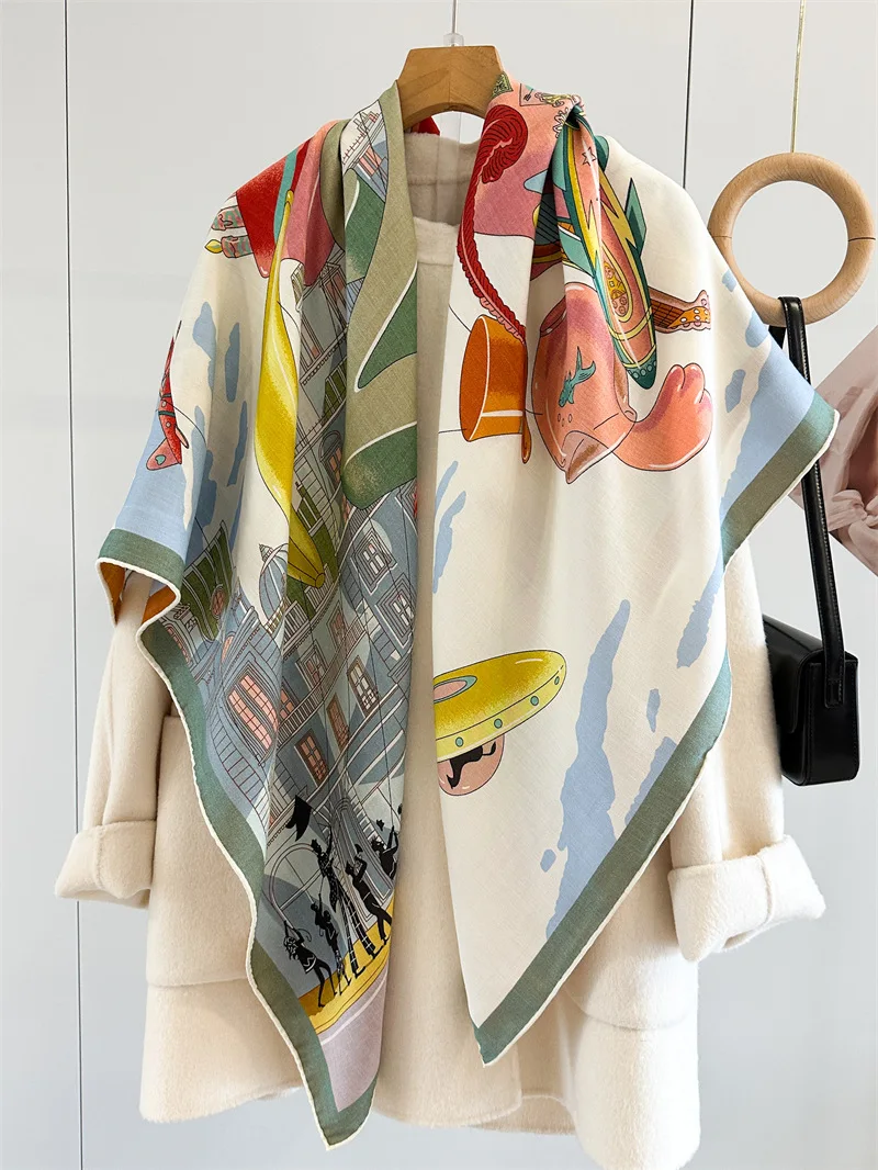 Двусторонний принт, большая шелковая шерстяная женская квадратная бандана, роскошный квадратный шарф-шаль для модных леди
