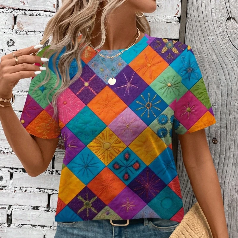 

Fashion Colorful Plaid Graphic T-shirts For Women Summer Casual Outdoor Short Sleeve Tee Tops Vacation Women's Clothing