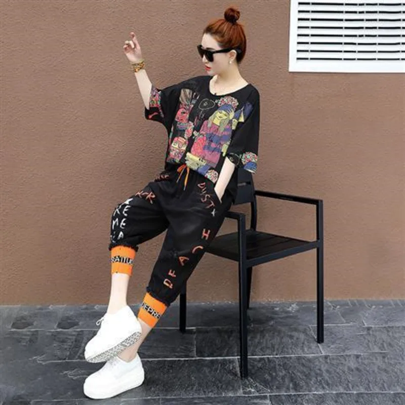 

Women's Suit Summer Short Sleeved T-shirt And Harem Calf-Length Pants 2024 New Fashion Korean Loose Leisure Sports Two Piece Set