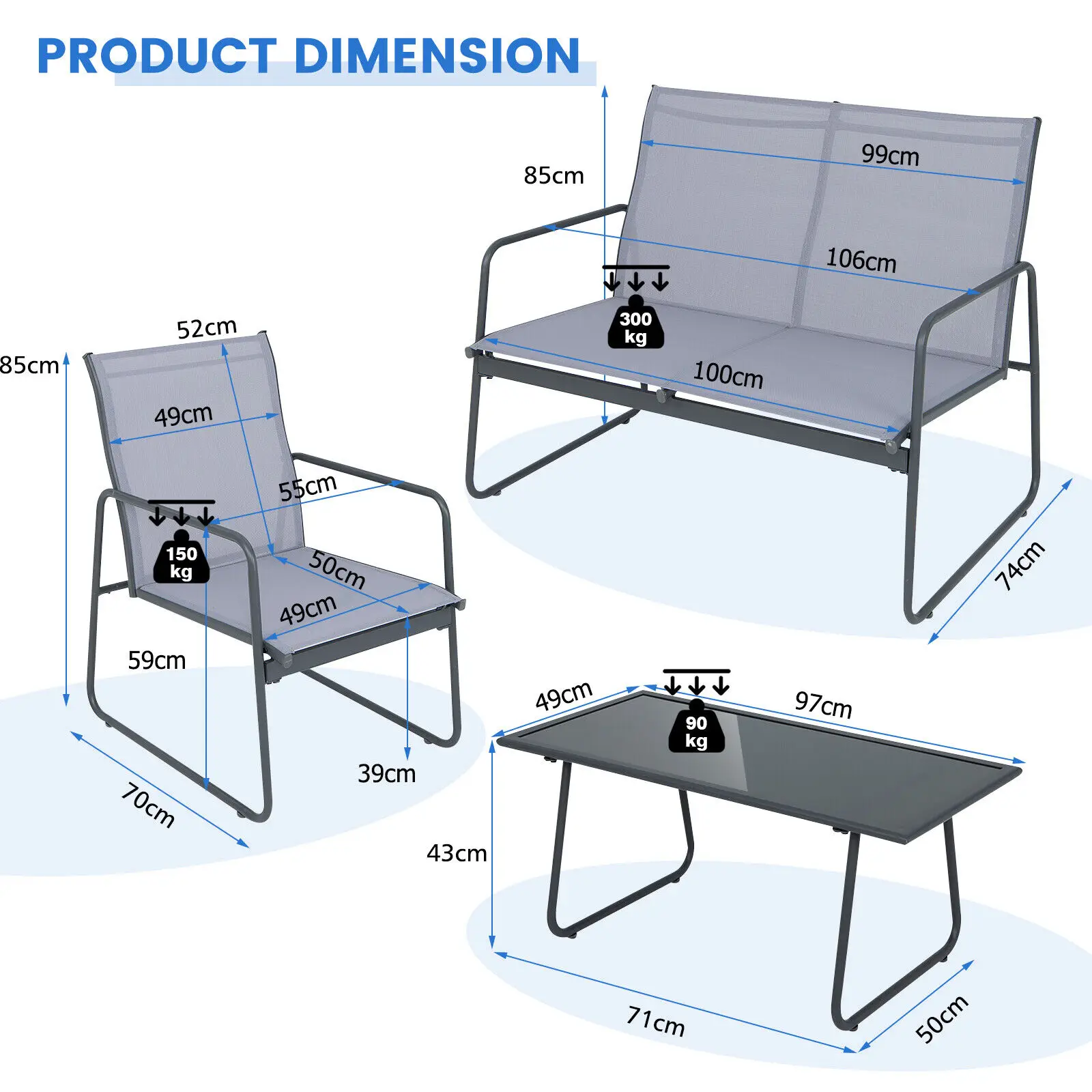 GOFLAME 4PCS Garden Patio Table and Chair Set Outdoor Conversation Furniture Metal Frame