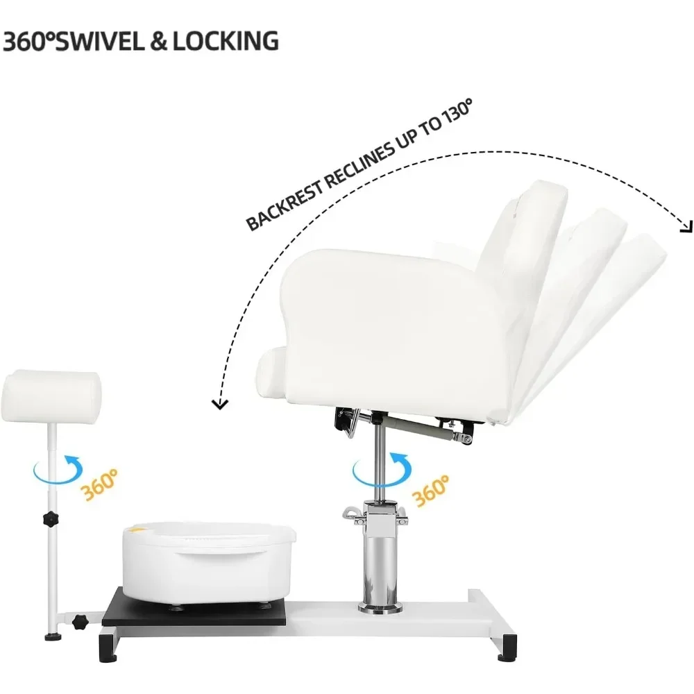 Pedicure Chair Station, 360° Rotation Hydraulic Adjustable Height Pedicure Chair No Plumbing Unit Station with Foot Basin White