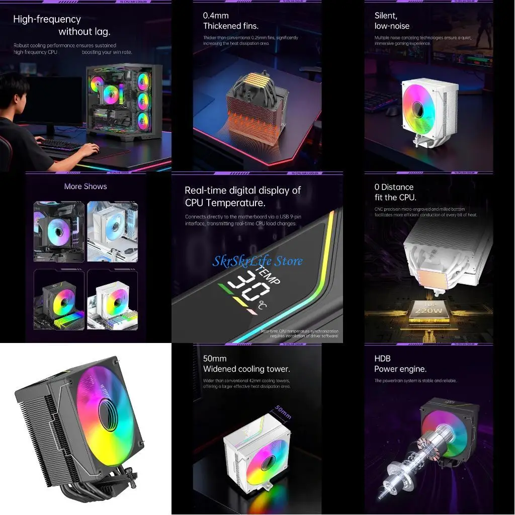 

E65E ARGB CPU Cooling Fan 6 Heat Pipes Temperature Monitoring Efficient Cooling Quiet