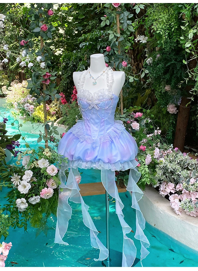 

2026 Beach Atmosphere Summer Vacation Island Style Sexy Halter Neck Slimming Elegant Fairy Style Short Dress Jellyfish Bud Skirt