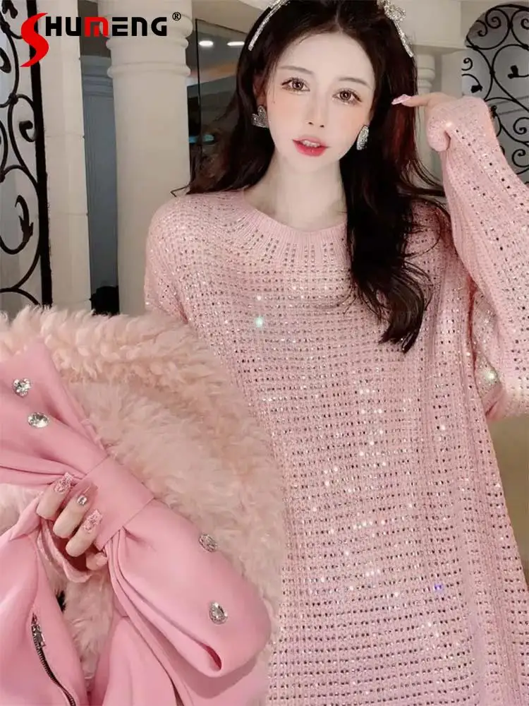 2023 Winter New Heavy Industry Flash Rhinestone Round Neck Sweater Oversize Idle Style All-Match Women's Mid-length Pullover