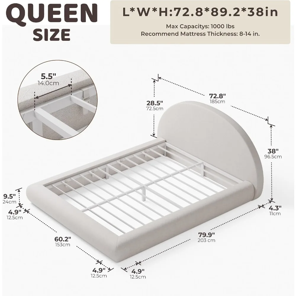 Semi round upholstered queen platform bedstead, velvet base, curved headboard, round foam pad, no spring bed, simple assembly