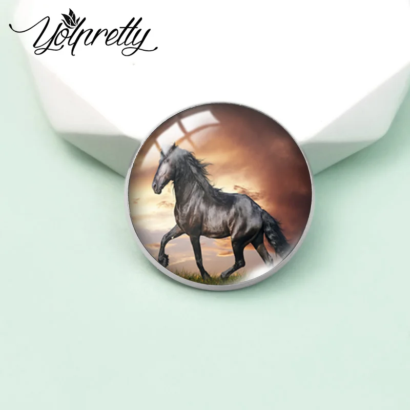 2023 New Arrival Fashion Wild Horses Running Horse Glass Dome Round Brooch Handcraft Jewelry Badge Pins