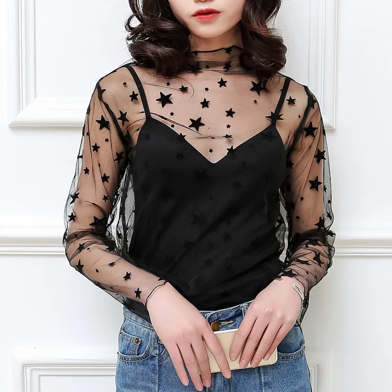 New Fashion Transparent See Through Shirt Women Sexy Black Lace Mesh Tops Casual Top Tee Shirt Sheer Elegant Women Shirt Summer