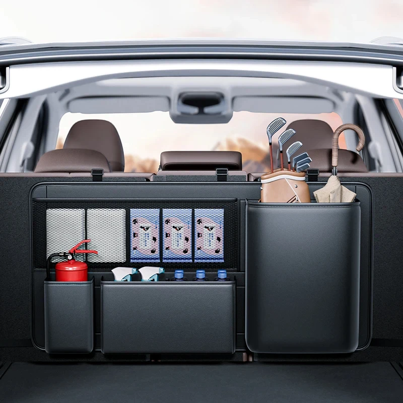 Car Trunk Organizer Storage Bag Leather SUV Rear Seat Back Hanging Tools Firefighter Cup Pocket Umbrella Holder Accessories