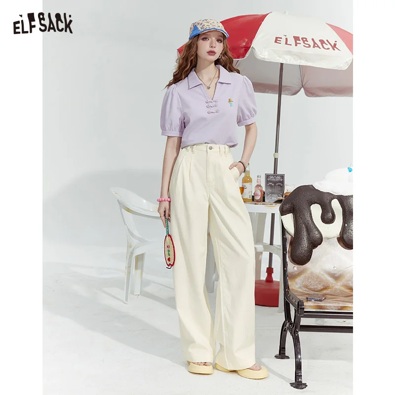 ELFSACK 2024 Summer New White high waist wide leg casual all-match straight jeans for women