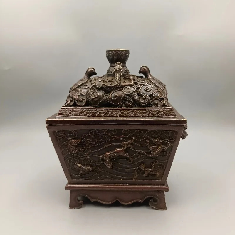 Retro Dark Bronze Square Incense Burner Dragon Phoenix Carving Hollow Lid Oriental Tabletop Religious Collectible Ornament