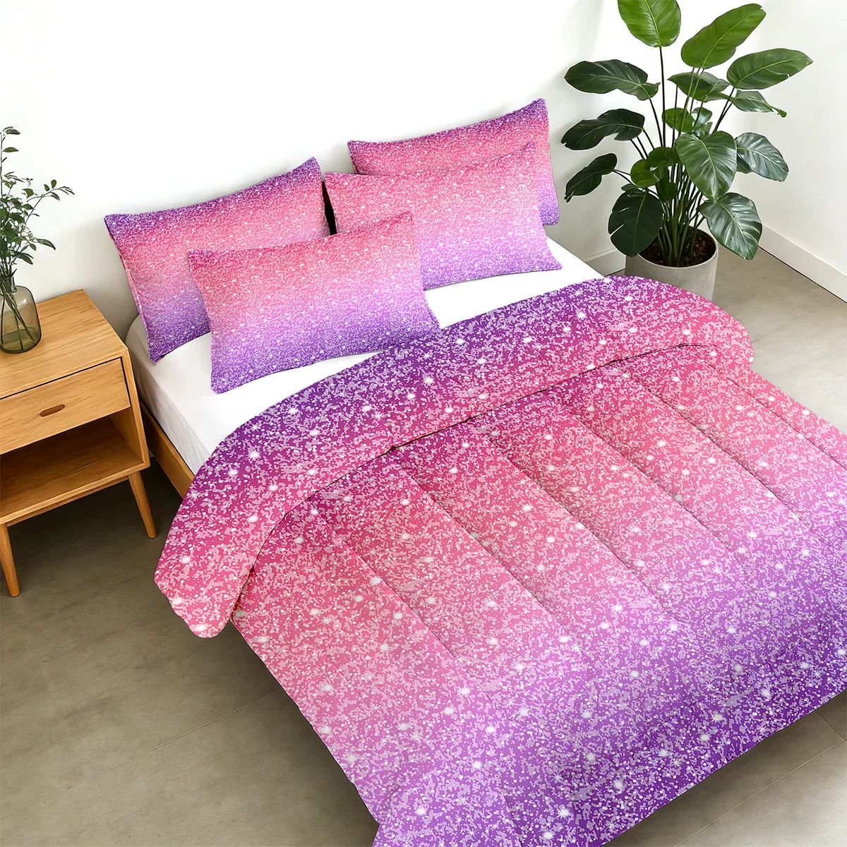

2/3pcs Pink Blue Purple Ombre Glitter Print Bed Comforter Sets, Twin Full Queen King Sizes, 1 Comforter + 1/2 Pillowcases, Soft