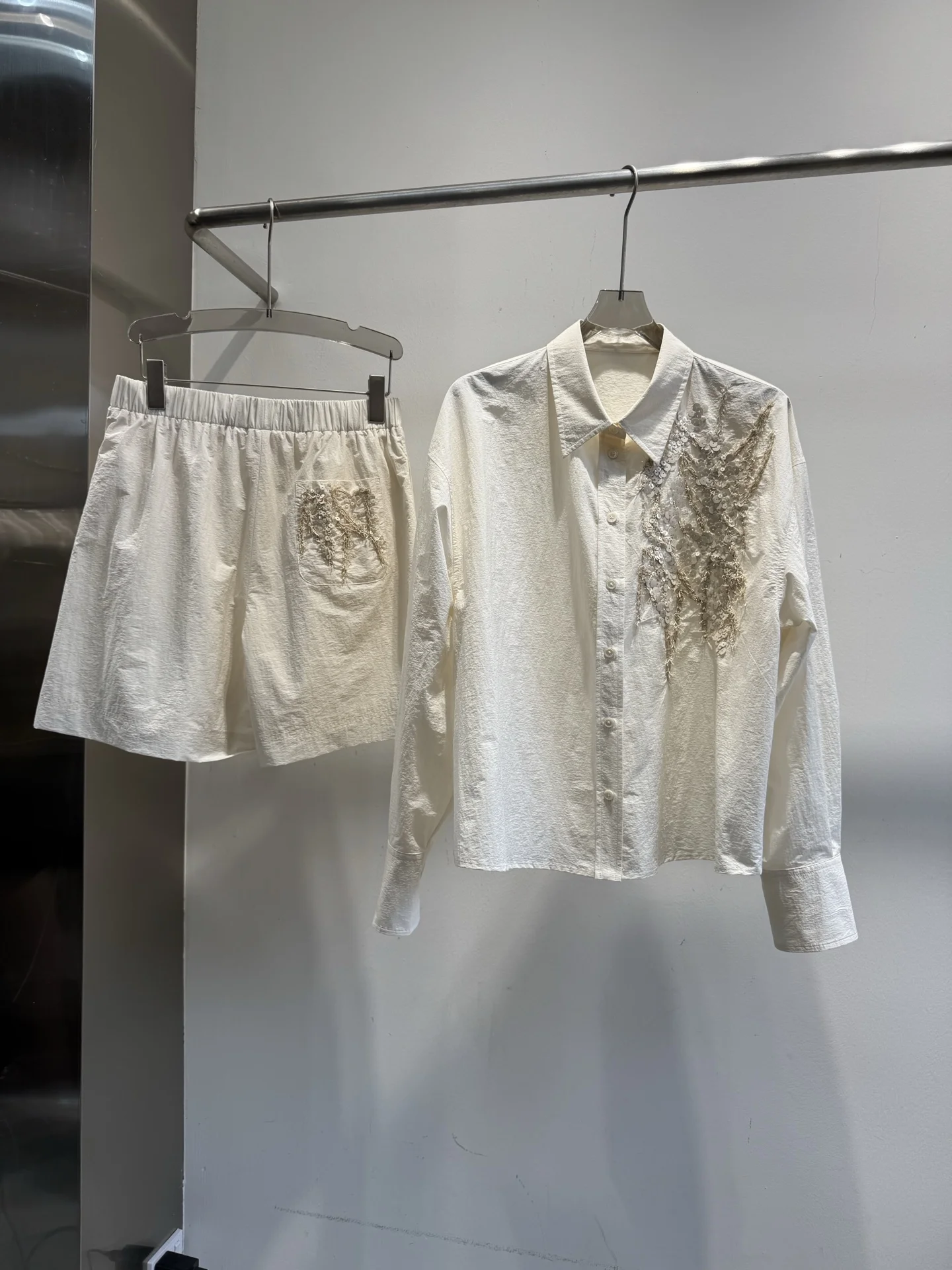 2026 Women's Summer Two-Piece Set: Embroidered Sequin Button-Down Shirt and Elastic-Waist Shorts