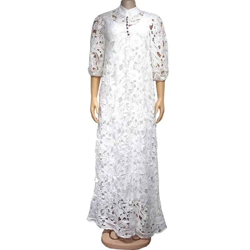 ชุดเดรสลูกไม้สีขาวลายฉลุดอกไม้สไตล์แอฟริกันสำหรับผู้หญิง ชุดดาชิกิ บูบู โรบ ดูไบ อาบายะ ชุดมุสลิม พร้อมชุดคาฟตันด้านใน