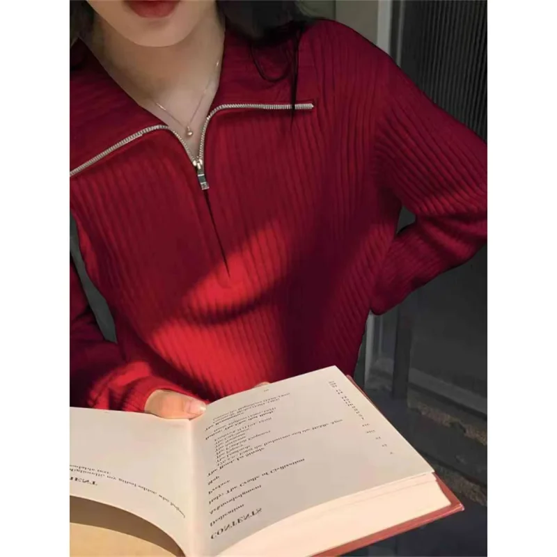 

Knitted Sweater Women Pullovers New Long Sleeve Half High Collar Zipper Knit Sweater Pullover Women Tops Sweaters