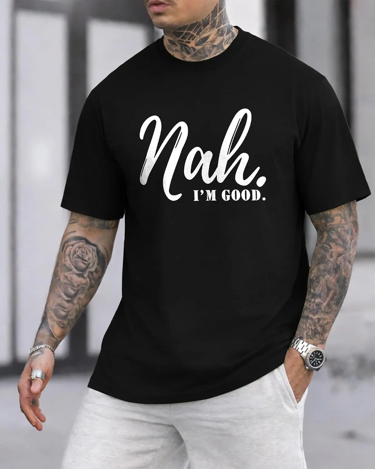 KUYIGO Mens T Shirts Funny Letter Graphic Nah, I’m Good. Summer Casual Streetwear Short Sleeve Tee