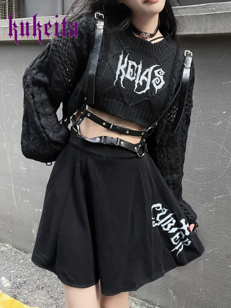 Gothic Sweater Women Hole Knitted Grunge O-neck Print Pullovers Punk Loose Jumper Harajuku Alternative Clothing Emo Y2K Crop Top