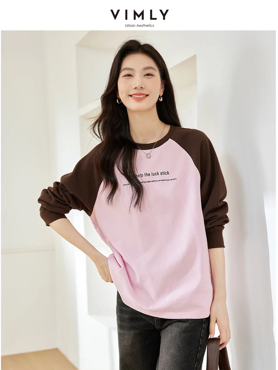 VIMLY Autumn Color Block Shoulder Long Sleeve Letter Print Sweatshirt Women's Fashion Casual Loose O-Neck Office Lady Blouse Top