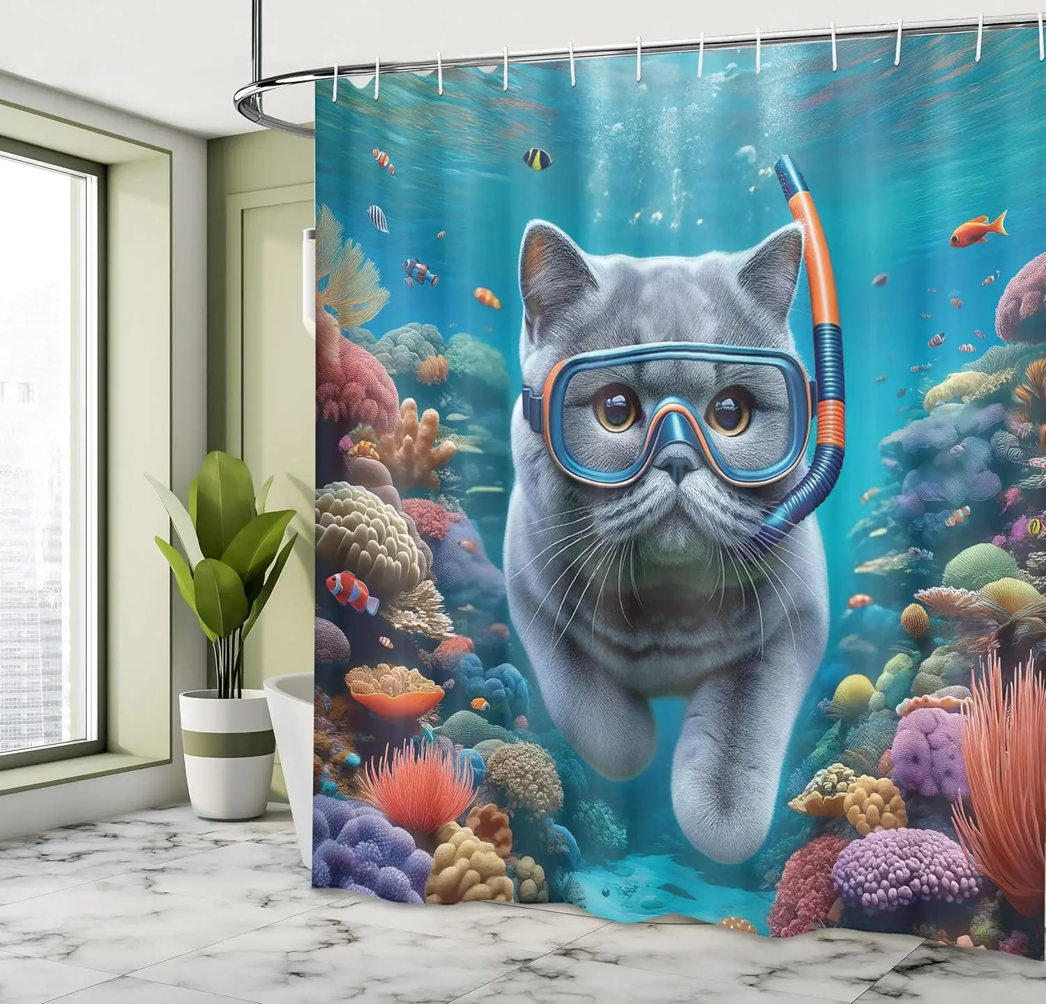Nautical Shower Curtain, Funny Surreal Image of a Grey Cat Diving in The Deep Ocean Colorful Reef, Cloth Fabric Bathroom Decor