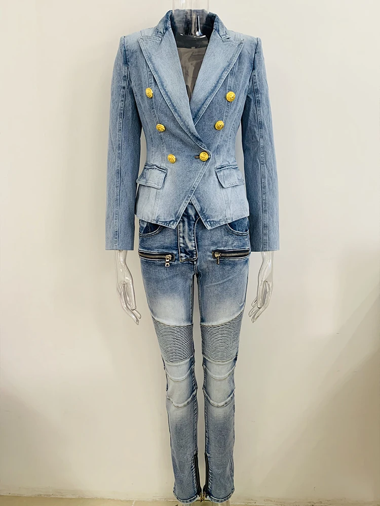 HIGH QUALITY 2024 Newest Designer Runway Suit Set Women\'s Lion Buttons Denim Blazer Jeans Pants Suit